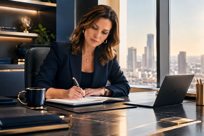 Executiva anotando estratégias em um caderno na mesa do escritório