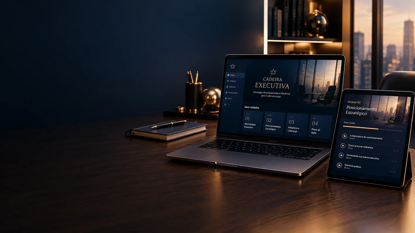 Plataforma de formação Cadeira Executiva exibida em notebook e tablet