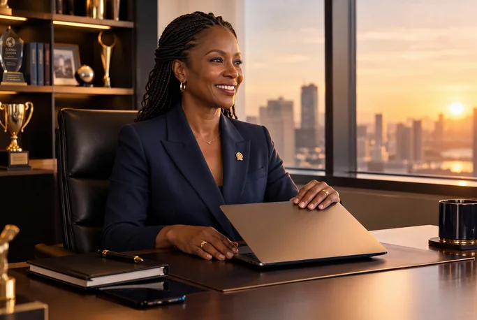 Executiva sorrindo com o laptop na mesa do escritório ao pôr do sol, diante de premiações e da vista da cidade