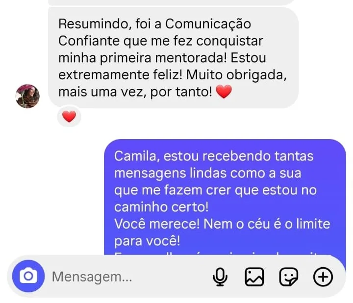 Depoimento sobre a conquista da primeira mentorada por meio da comunicação confiante
