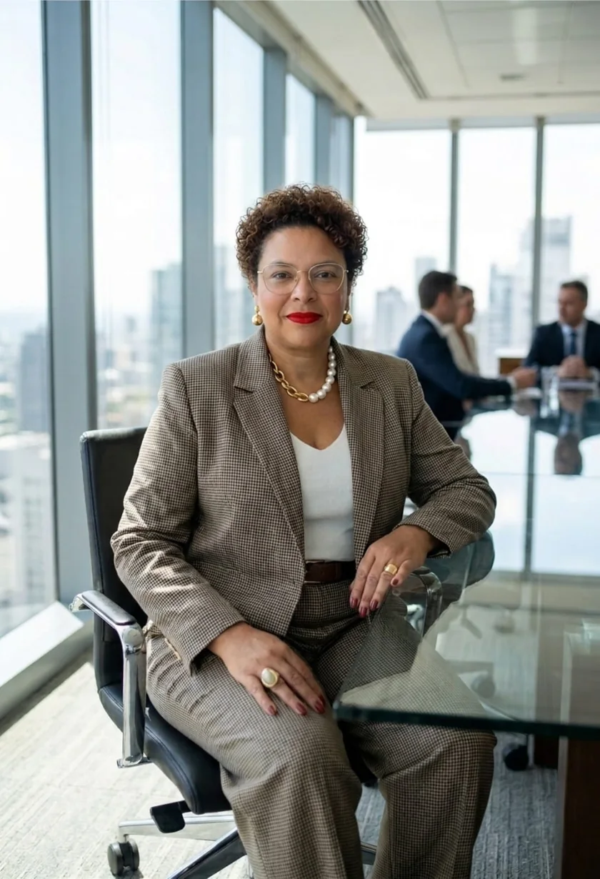 Executiva sentada em sua cadeira, em sala de reunião com vista para a cidade